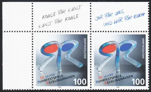 BUND 1996 Michel-Nummer 1859 postfrisch horiz.PAAR ECKRAND oben links