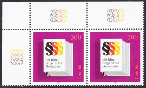 BUND 1996 Michel-Nummer 1874 postfrisch horiz.PAAR ECKRAND oben links