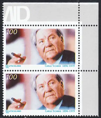 BUND 1996 Michel-Nummer 1894 postfrisch vert.PAAR RAND ECKRAND oben rechts