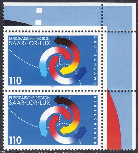 BUND 1997 Michel-Nummer 1957 postfrisch vert.PAAR ECKRAND oben rechts