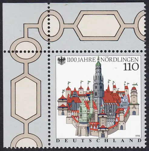 BUND 1998 Michel-Nummer 1965 postfrisch EINZELMARKE ECKRAND oben links