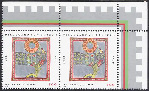 BUND 1998 Michel-Nummer 1981 postfrisch horiz.PAAR ECKRAND oben rechts