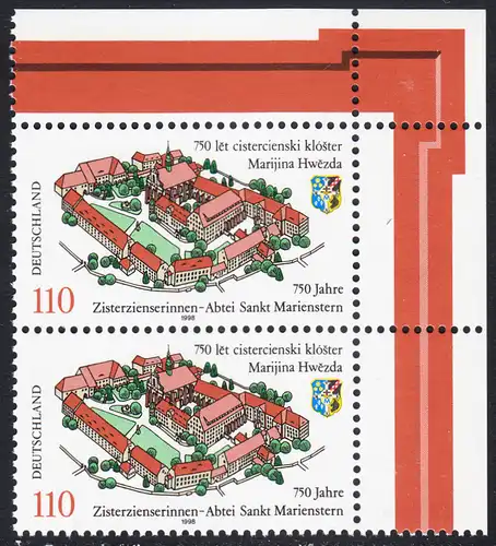 BUND 1998 Michel-Nummer 1982 postfrisch vert.PAAR ECKRAND oben rechts