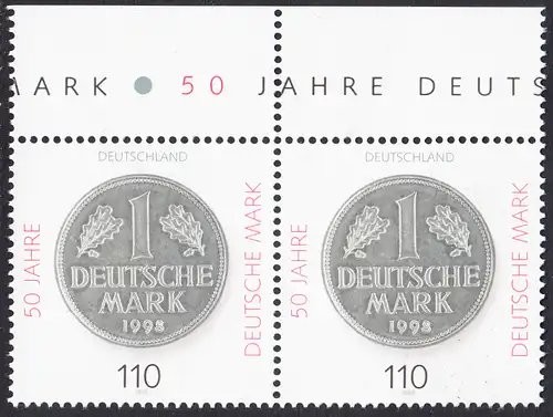 BUND 1998 Michel-Nummer 1996 postfrisch horiz.PAAR RAND oben 