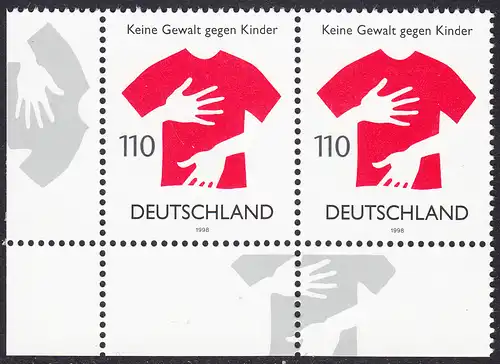 BUND 1998 Michel-Nummer 2013 postfrisch horiz.PAAR ECKRAND unten links