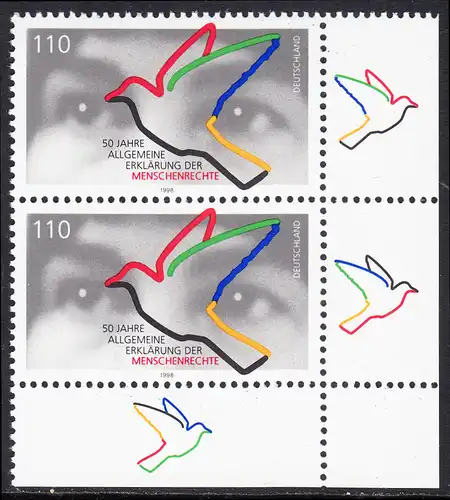 BUND 1998 Michel-Nummer 2026 postfrisch vert.PAAR ECKRAND unten rechts