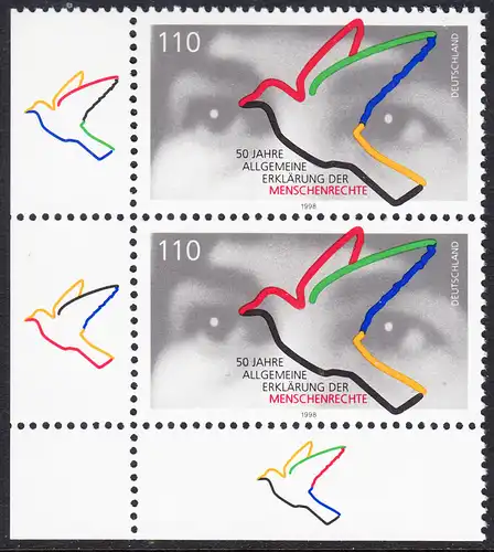 BUND 1998 Michel-Nummer 2026 postfrisch vert.PAAR ECKRAND unten links