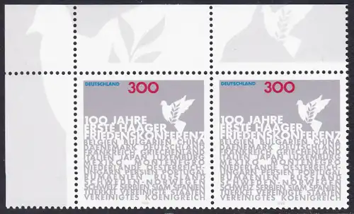 BUND 1999 Michel-Nummer 2066 postfrisch horiz.PAAR ECKRAND oben links