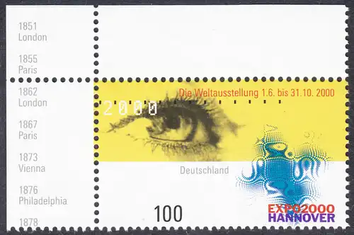 BUND 2000 Michel-Nummer 2089 postfrisch EINZELMARKE ECKRAND oben links