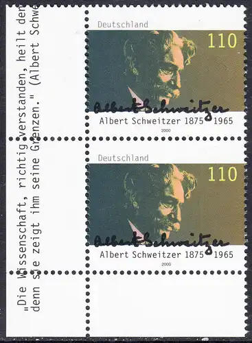 BUND 2000 Michel-Nummer 2090 postfrisch vert.PAAR ECKRAND unten links