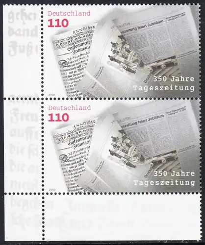 BUND 2000 Michel-Nummer 2123 postfrisch vert.PAAR ECKRAND unten links