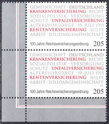 BUND 2011 Michel-Nummer 2868 postfrisch vert.PAAR ECKRAND unten links