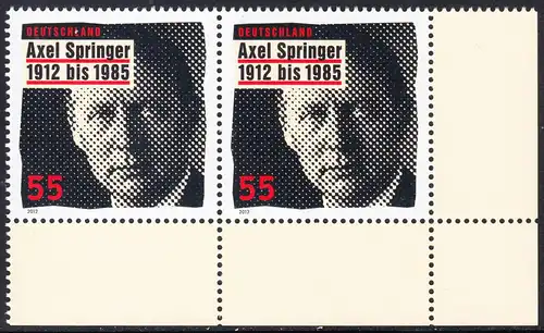 BUND 2012 Michel-Nummer 2927 postfrisch horiz.PAAR ECKRAND unten rechts