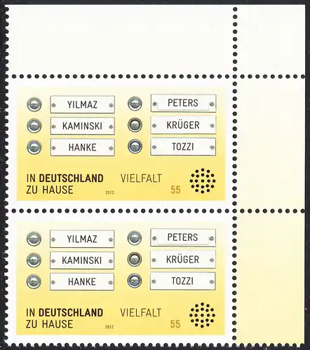 BUND 2012 Michel-Nummer 2941 postfrisch vert.PAAR ECKRAND oben rechts