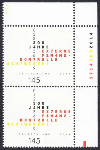 BUND 2014 Michel-Nummer 3106 postfrisch vert.PAAR ECKRAND oben rechts