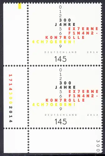 BUND 2014 Michel-Nummer 3106 postfrisch vert.PAAR ECKRAND unten links