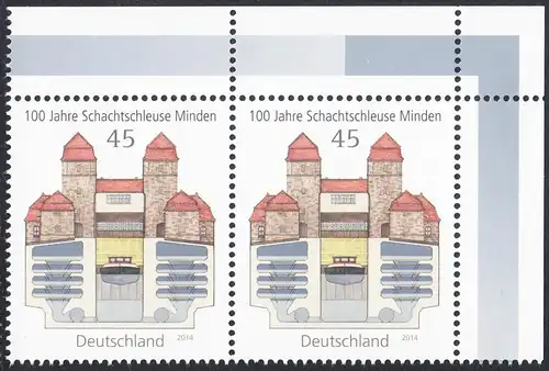 BUND 2014 Michel-Nummer 3107 postfrisch horiz.PAAR ECKRAND oben rechts