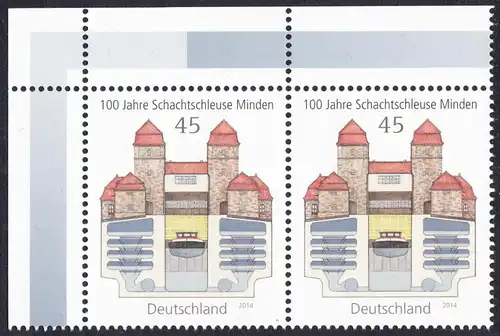 BUND 2014 Michel-Nummer 3107 postfrisch horiz.PAAR ECKRAND oben links