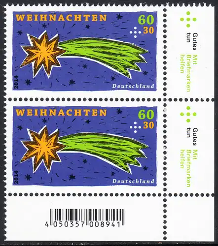 BUND 2014 Michel-Nummer 3108 postfrisch vert.PAAR ECKRAND unten rechts