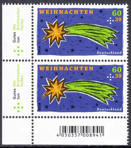 BUND 2014 Michel-Nummer 3108 postfrisch vert.PAAR ECKRAND unten links