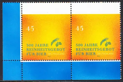 BUND 2016 Michel-Nummer 3229 postfrisch horiz.PAAR ECKRAND unten links