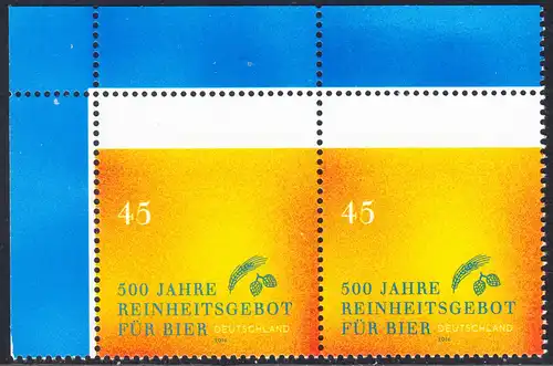 BUND 2016 Michel-Nummer 3229 postfrisch horiz.PAAR ECKRAND oben links