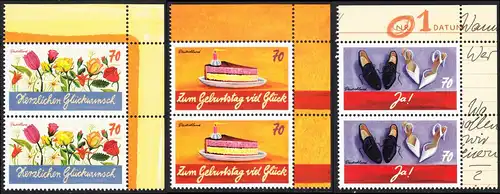 BUND 2016 Michel-Nummer 3232-3234 postfrisch SATZ(3) vert.PAARE ECKRÄNDER oben rechts