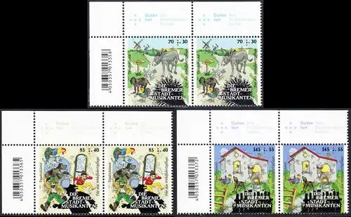 BUND 2017 Michel-Nummer 3282-3284 postfrisch SATZ(3) horiz.PAARE ECKRÄNDER oben links