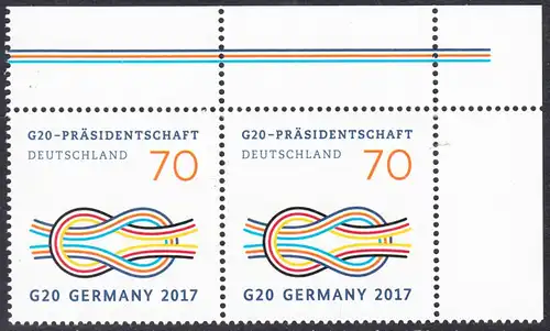 BUND 2017 Michel-Nummer 3291 postfrisch horiz.PAAR ECKRAND oben rechts