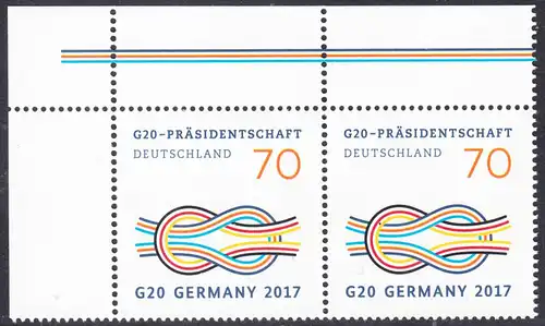 BUND 2017 Michel-Nummer 3291 postfrisch horiz.PAAR ECKRAND oben links