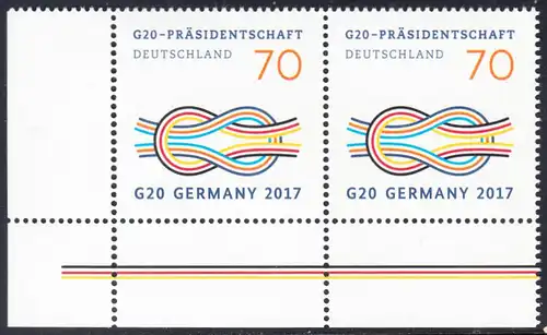 BUND 2017 Michel-Nummer 3291 postfrisch horiz.PAAR ECKRAND unten links