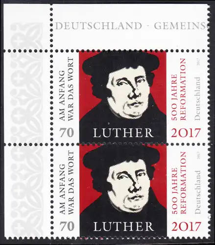 BUND 2017 Michel-Nummer 3300 postfrisch vert.PAAR ECKRRAND oben links