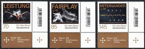 BUND 2017 Michel-Nummer 3307-3309 postfrisch SATZ(3) EINZELMARKEN ECKRÄNDER unten rechts