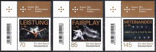 BUND 2017 Michel-Nummer 3307-3309 postfrisch SATZ(3) EINZELMARKEN ECKRÄNDER oben links