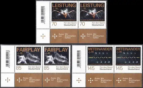 BUND 2017 Michel-Nummer 3307-3309 postfrisch SATZ(3) horiz.PAARE ECKRÄNDER unten links