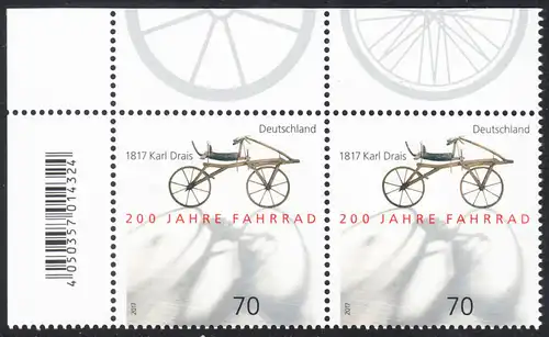 BUND 2017 Michel-Nummer 3320 postfrisch horiz.PAAR ECKRAND oben links