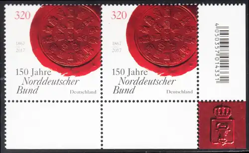 BUND 2017 Michel-Nummer 3321 postfrisch horiz.PAAR ECKRAND unten rechts