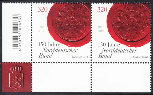 BUND 2017 Michel-Nummer 3321 postfrisch horiz.PAAR ECKRAND unten links