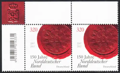 BUND 2017 Michel-Nummer 3321 postfrisch horiz.PAAR ECKRAND oben links