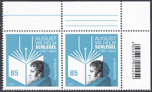 BUND 2017 Michel-Nummer 3332 postfrisch horiz.PAAR ECKRAND oben rechts
