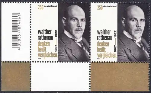 BUND 2017 Michel-Nummer 3333 postfrisch horiz.PAAR ECKRAND unten links