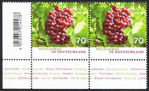 BUND 2017 Michel-Nummer 3334 postfrisch horiz.PAAR ECKRAND unten links