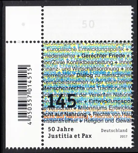 BUND 2017 Michel-Nummer 3339 postfrisch EINZELMARKE ECKRAND oben links