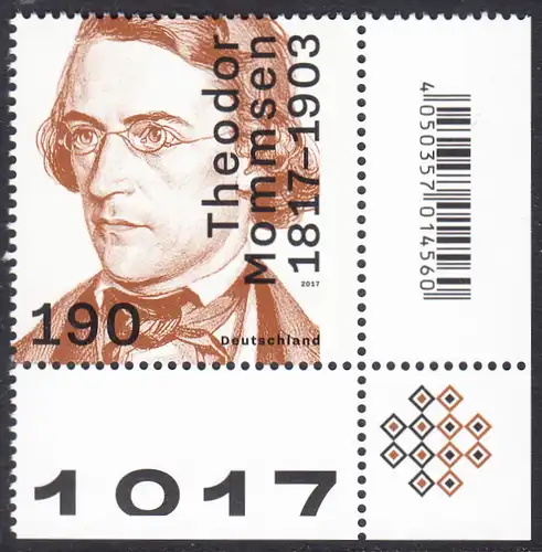 BUND 2017 Michel-Nummer 3343 postfrisch EINZELMARKE ECKRAND unten rechts