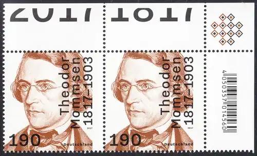 BUND 2017 Michel-Nummer 3343 postfrisch horiz.PAAR ECKRAND oben rechts