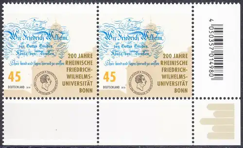 BUND 2018 Michel-Nummer 3360 postfrisch horiz.PAAR ECKRAND unten rechts