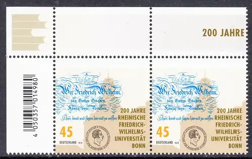 BUND 2018 Michel-Nummer 3360 postfrisch horiz.PAAR ECKRAND oben links
