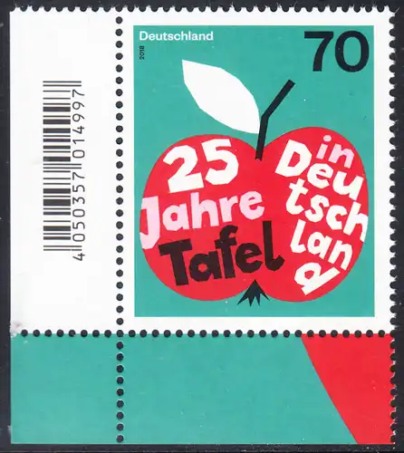 BUND 2018 Michel-Nummer 3361 postfrisch EINZELMARKE ECKRAND unten links