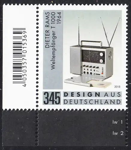 BUND 2018 Michel-Nummer 3400 postfrisch EINZELMARKE ECKRAND unten links