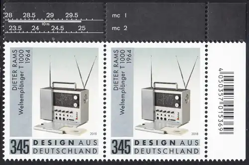 BUND 2018 Michel-Nummer 3400 postfrisch horiz.PAAR ECKRAND oben rechts
